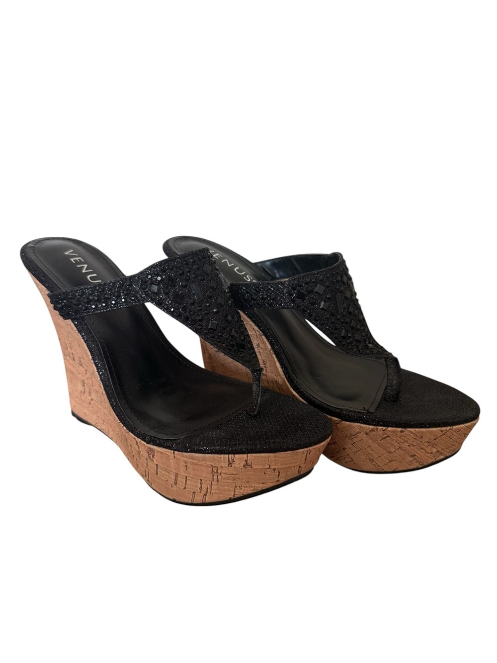 VENUS Black Rhinestone Embellished Cork Platform Wedge Thong Sandals New Size 7